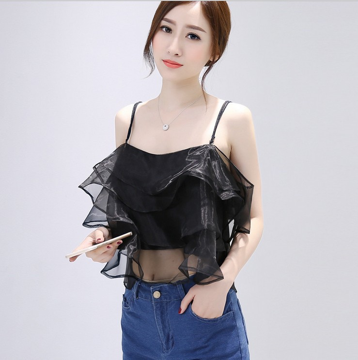 2016清凉一夏装女款多层荷叶边露肩性感吊带背心欧根纱宽松上衣